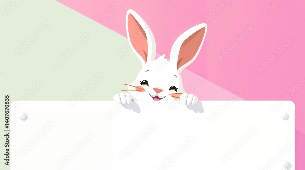 Fototapeta premium A white rabbit peeking over a blank sign