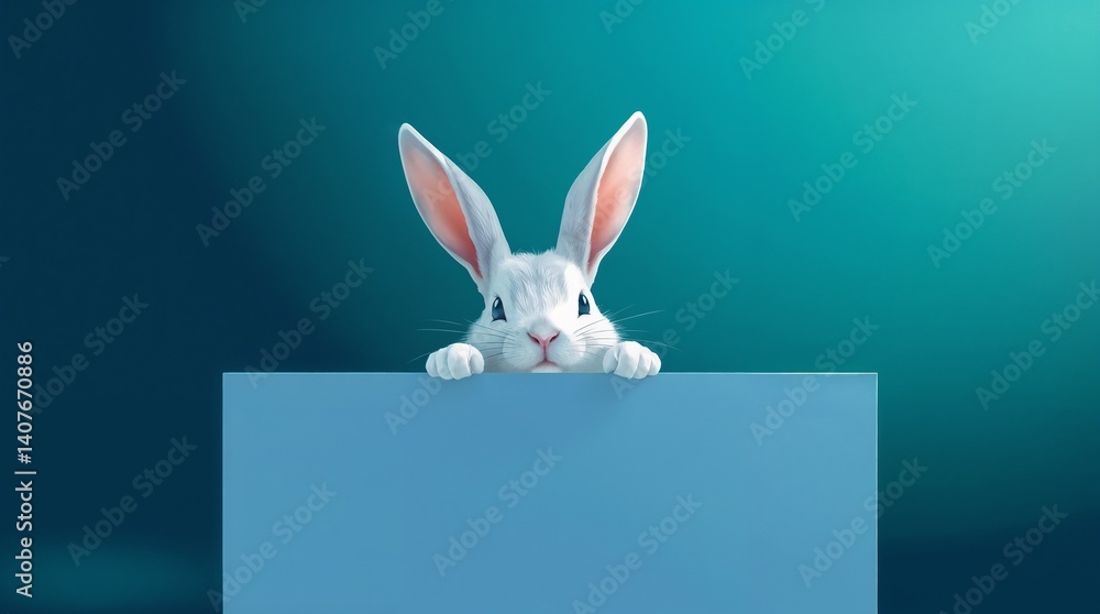 Obraz premium A white rabbit peeking over a blank sign