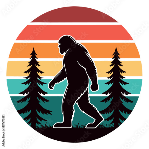 Bigfoot Silhouette Walking Retro Sunset Forest T-Shirt Design.