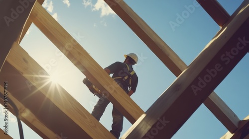 Wallpaper Mural Construction worker using a power saw to cut wood beams. Featuring skill and accuracy Torontodigital.ca