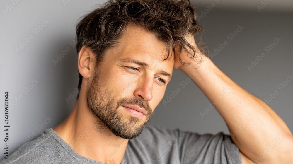 Handsome man, hand in hair, gazing thoughtfully. Close-up on attractive face, gray background