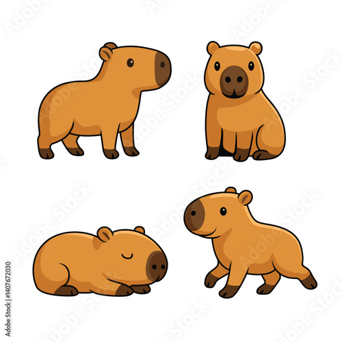 Set of Cute Capybara Flat Cartoon Illustration.eps