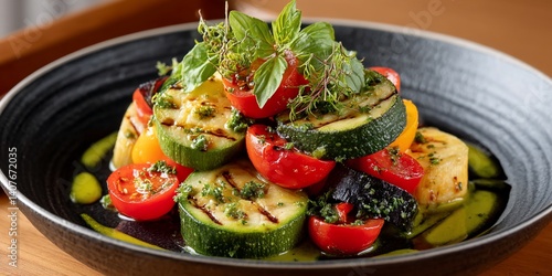 Grilled zucchini, tomatoes, and herbs served on a plate