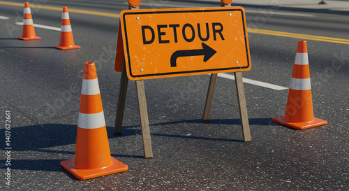 Road Construction Detour Sign On Pavement With Traffic Cones