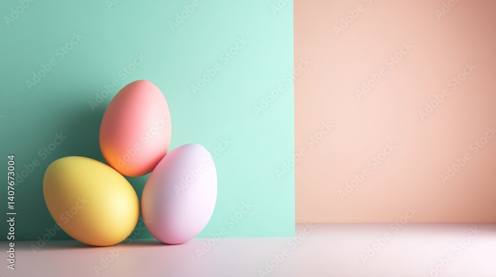 Fototapeta premium Easter decoration handmade crafts seasonal centerpieces. Pastel Easter Eggs Leaning Against a Two Toned Background Decorative Spring Holiday Arrangement.