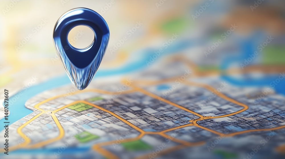 3D visualization of a location pin designed for mapping applications set on a detailed urban street map : Generative AI