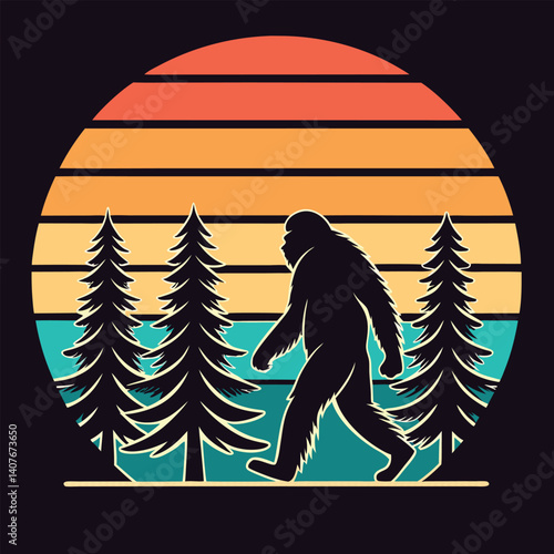 Bigfoot Silhouette Walking Retro Sunset Forest T-Shirt Design.