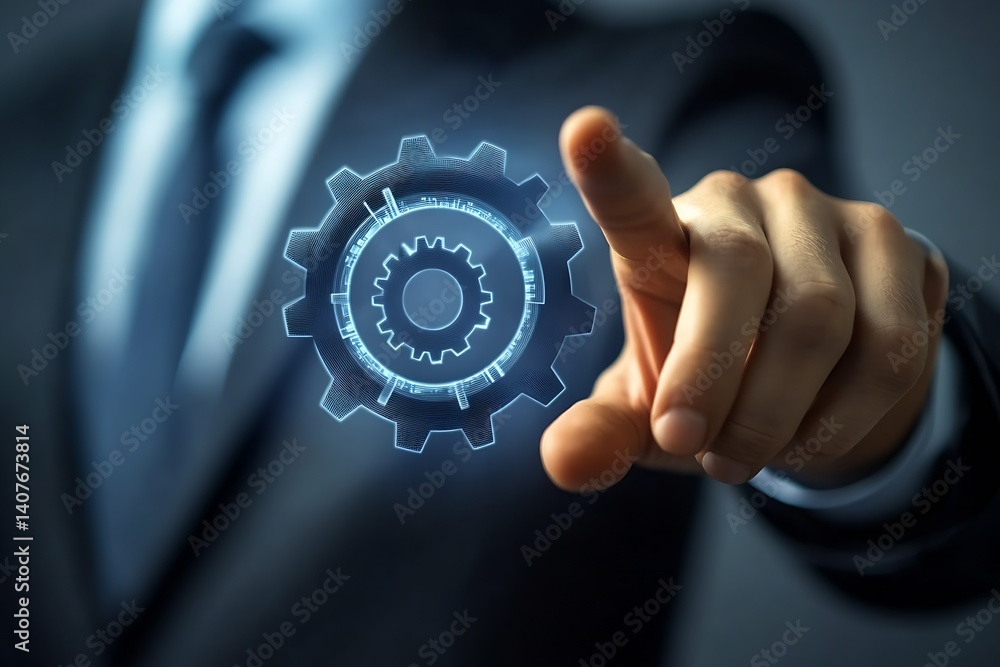Corporate individual engaging with a futuristic gear symbol demonstrating tech innovation : Generative AI