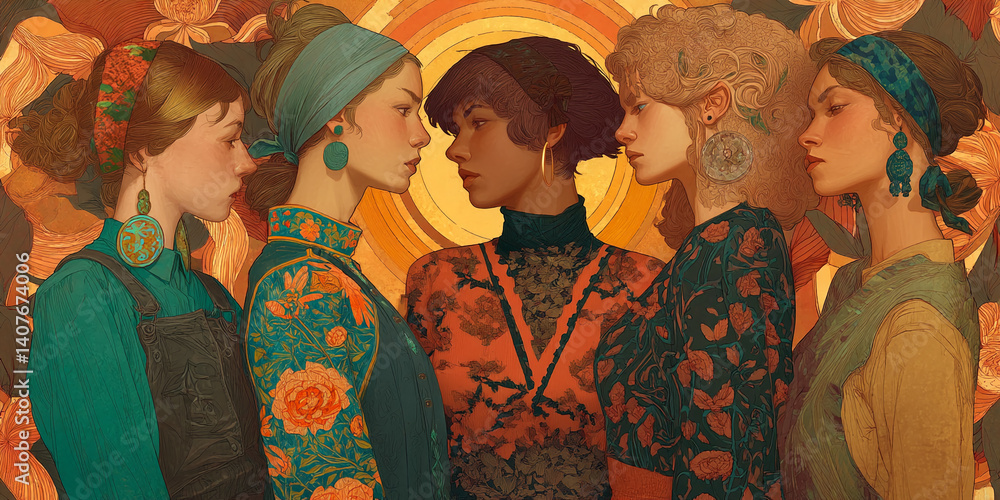 Naklejka premium Four women in profile, wearing vintage-style floral dresses and headwear, against an Art Nouveau-inspired background. The image showcases female friendship and timeless elegance.