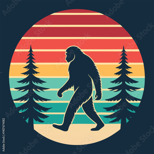 Bigfoot Silhouette Walking Retro Sunset Forest T-Shirt Design.