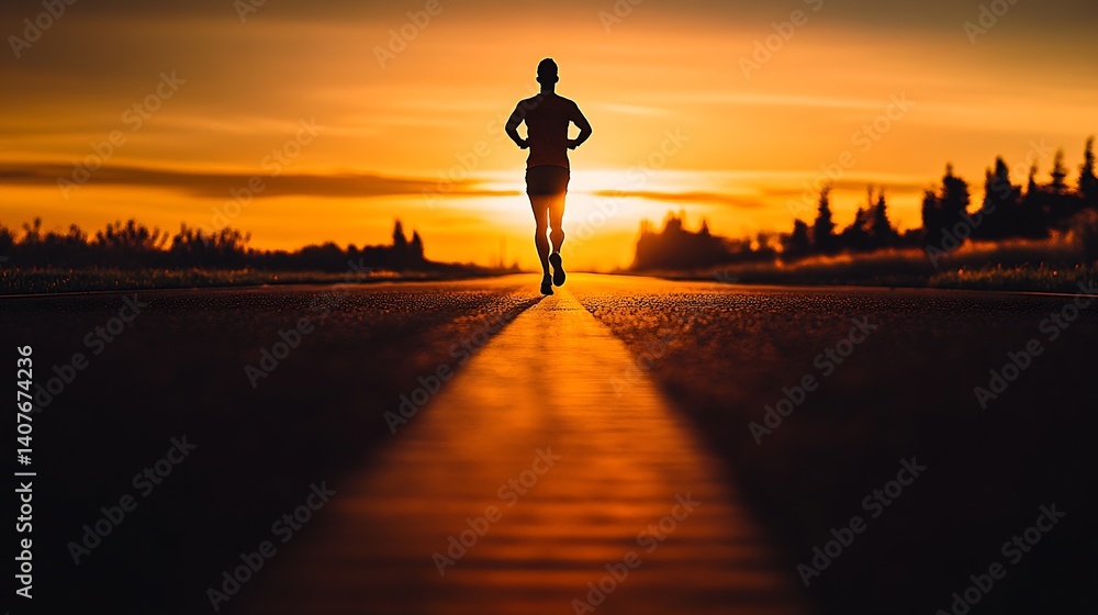 Silhouette of a determined runner sprinting towards the horizon during a stunning sunset on a quiet road : Generative AI