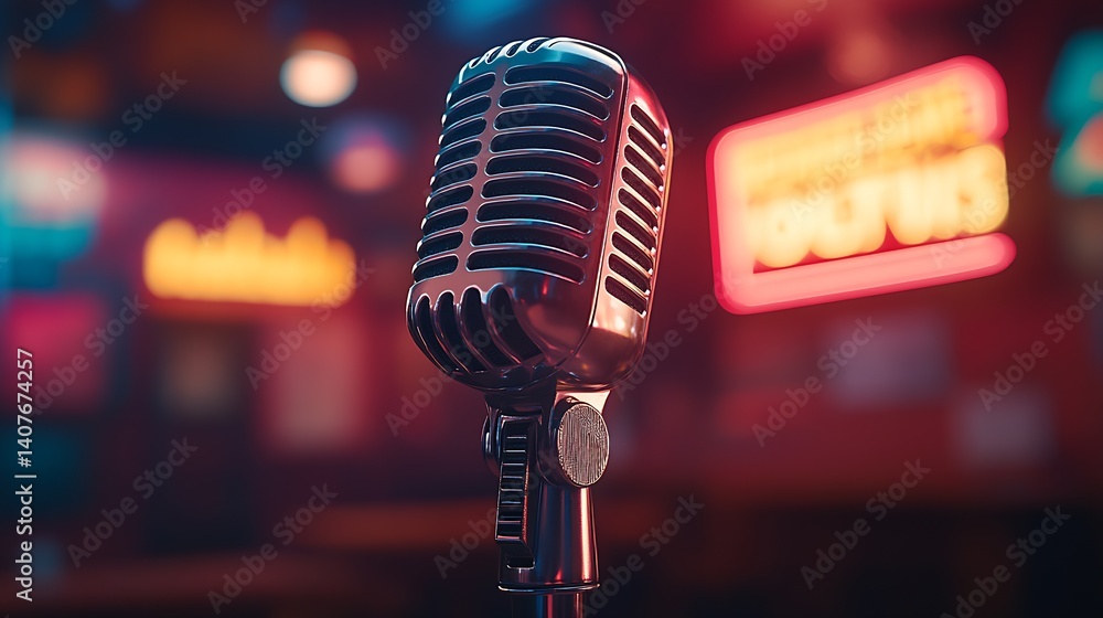 Classic Microphone on a Bar Stage with Vibrant Neon Signage Creating a Lively Atmosphere : Generative AI