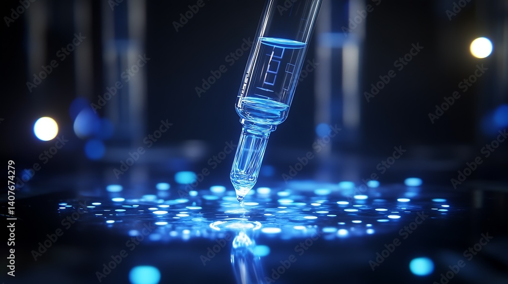Close up of a glass dropper releasing a droplet in a blue bokeh background with glimmering lights : Generative AI