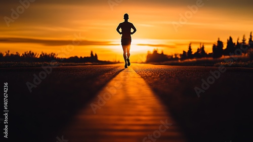 Silhouette of a determined runner sprinting towards the horizon during a stunning sunset on a quiet road : Generative AI