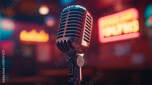 Obraz na płótnie Classic Microphone on a Bar Stage with Vibrant Neon Signage Creating a Lively Atmosphere : Generative AI w salonie