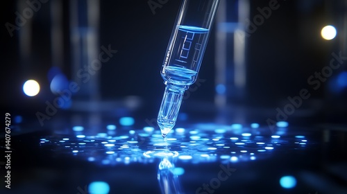 Obraz na płótnie Close up of a glass dropper releasing a droplet in a blue bokeh background with glimmering lights : Generative AI w salonie