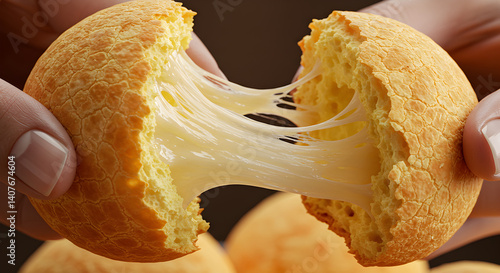 Hands pulling apart a hot pão de queijo (Brazilian cheese bread) with stretchy melted cheese