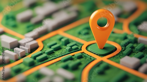 Stylized Map Pin Positioned in the Center of a 3D Urban Layout : Generative AI