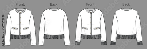 Vector long sleeved boucle jacket fashion CAD, woman tweed cardigan with metal buttons technical drawing, template, sketch, flat. Knitted jacket with pockets and fringe, front, back view, white color