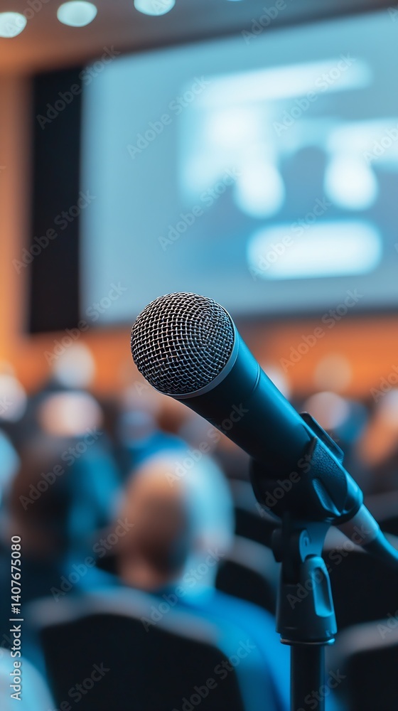 Detailed image of a microphone set against a blurred background of an audience in a conference setting : Generative AI
