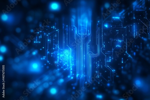 Obraz na płótnie Futuristic blue digital circuit background with glowing lights creating a technology theme : Generative AI w salonie