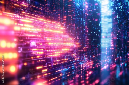 Wallpaper Mural Cybernetic Landscape with Neon Code Streams in High-Tech Environment Torontodigital.ca