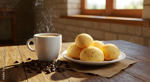  Freshly baked pão de queijo (Brazilian cheese bread) with steaming hot coffee on a rustic wooden table