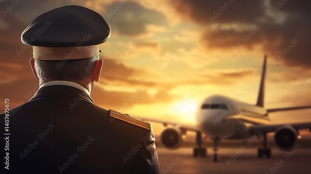 Airline Pilot Watching Airplane at Sunset with Dramatic Sky in the Background : Generative AI