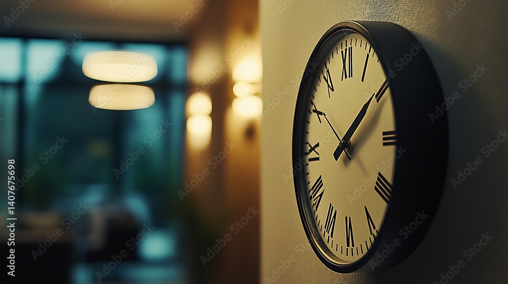 Stylish Wall Clock Featuring Roman Numerals in a Serene Room Environment with Gentle Lighting : Generative AI