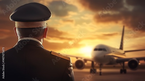 Obraz na płótnie Airline Pilot Watching Airplane at Sunset with Dramatic Sky in the Background : Generative AI w salonie