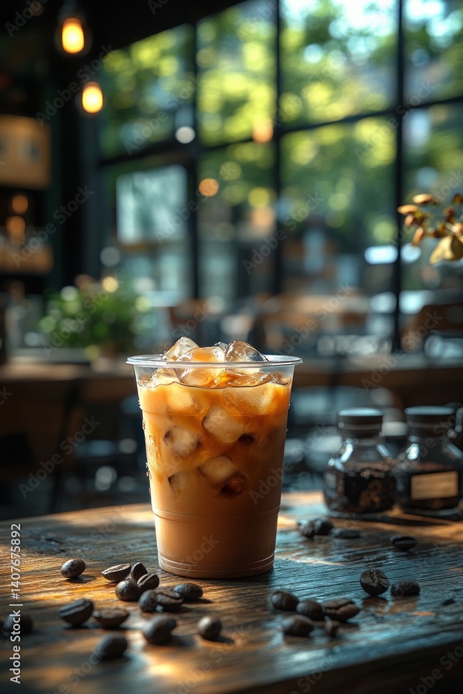 Iced Coffee in Plastic Cup on Wooden Table Iced Coffee in Plastic Cup on Wooden Table