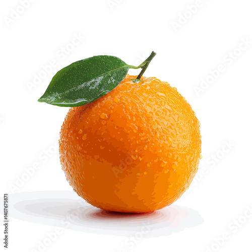 Fresh ripe orange with green leaf on white background
