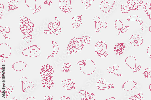 Seamless pattern of fresh vitamin products, fruits and berries. Healthy eating in doodle style. Natural organic food. Vector