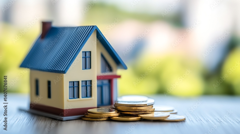 Miniature house model with stacks of coins representing real estate investment and financial growth : Generative AI