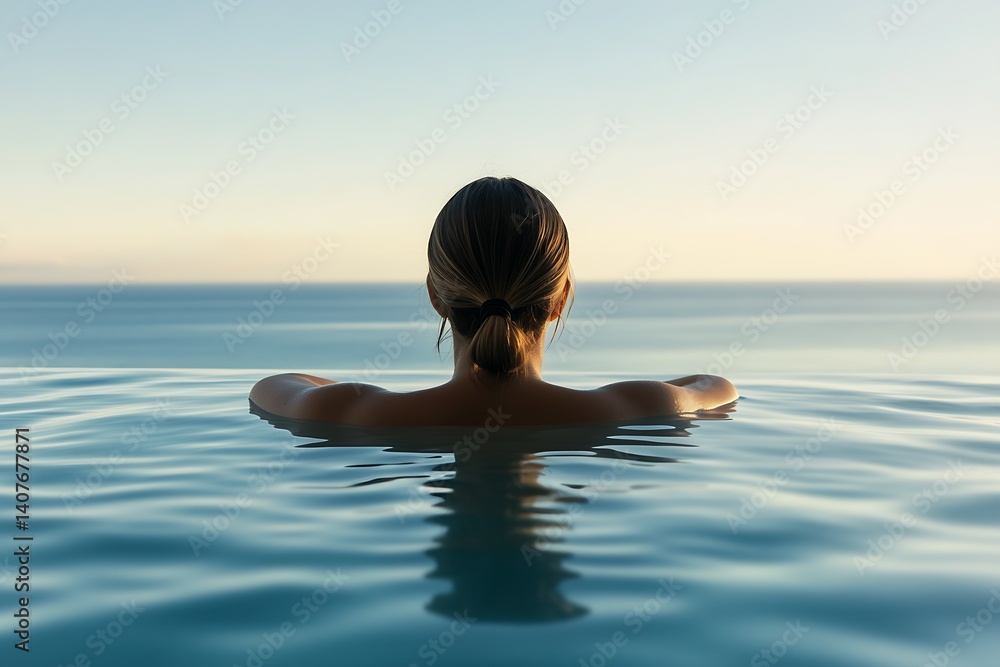 Peaceful Woman in Infinity Pool with Stunning Ocean View at Golden Hour : Generative AI