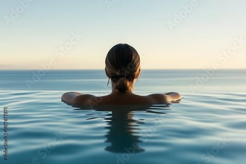 Obraz na płótnie Peaceful Woman in Infinity Pool with Stunning Ocean View at Golden Hour : Generative AI w salonie