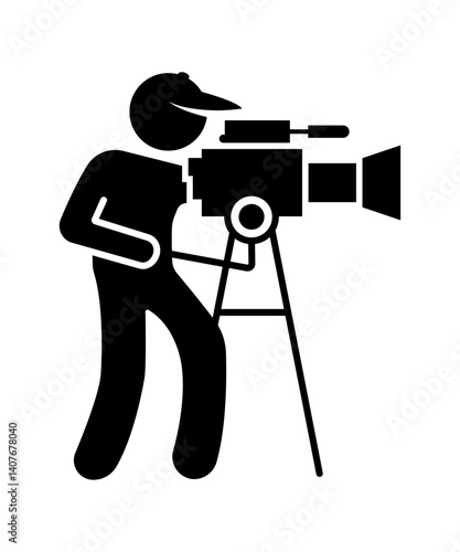 Stick figure stickman icon. human silhouette wearing hat recording a movie.