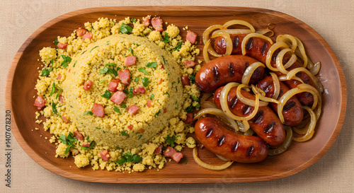 Brazilian Plate with Yellow Couscous, Bacon, Grilled Sausage and Sautéed Onion on Oval Wooden Platter