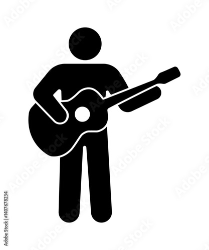 Stick figure stickman icon. human silhouette playing guitar. enjoy the music.