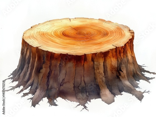 Tree Stump Watercolor Illustration with Growth Rings and Minimal Background