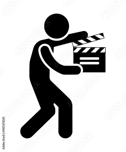 Stick figure stickman icon. human silhouette holding movie clapper.