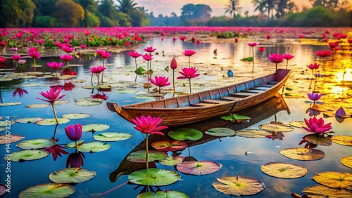 Traditional Asian Boat on Lotus Flowers, Calm Water, High-Resolution Stock Photo