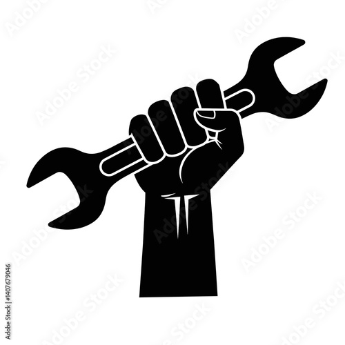 A black silhouette of a raised fist holding wrench isolated on transparent background, png image, for labor day in may 1