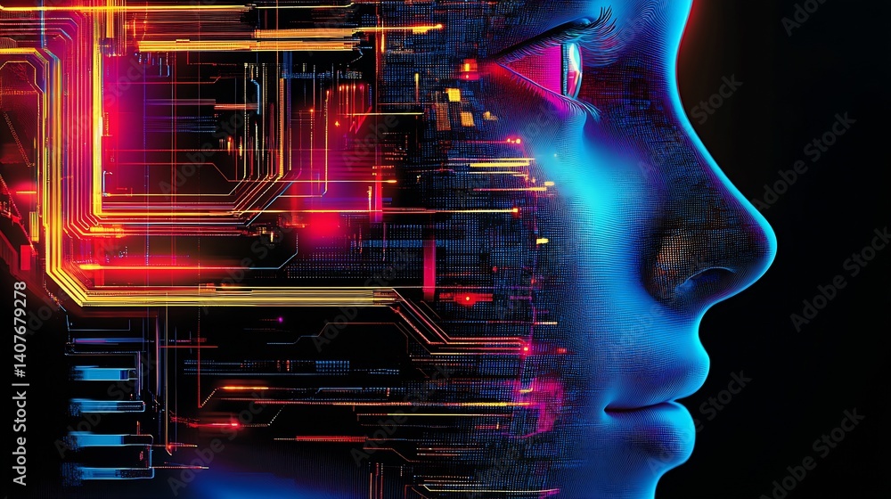 Creative digital illustration of a human face integrated with vibrant circuits highlighting the beauty of technology : Generative AI