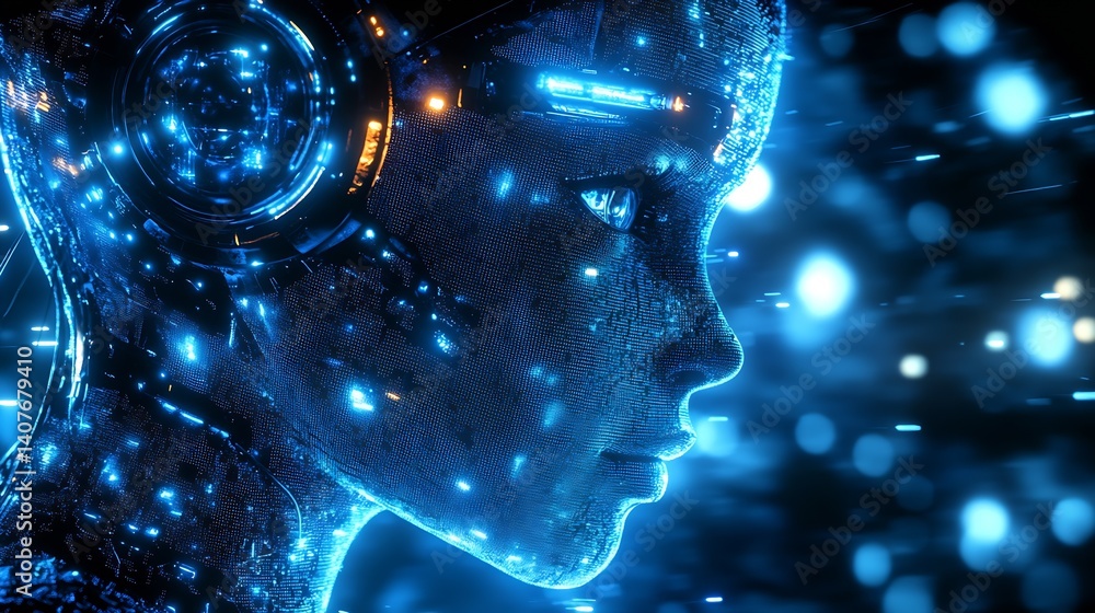 Stunning portrait of a futuristic female robot with glowing blue lights in a dark digital environment : Generative AI