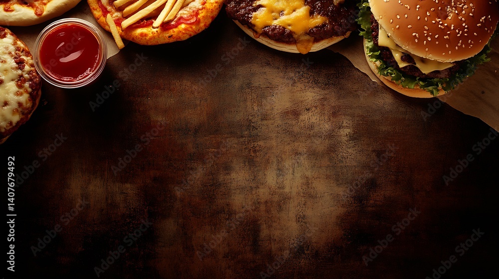 A mouthwatering selection of fast food featuring burgers, pizza, fries, and sauces on a rustic culinary backdrop : Generative AI