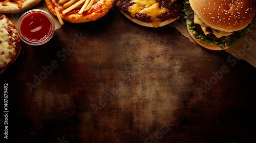 Obraz na płótnie A mouthwatering selection of fast food featuring burgers, pizza, fries, and sauces on a rustic culinary backdrop : Generative AI w salonie