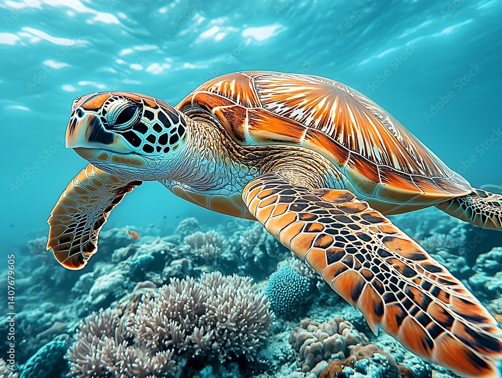 A captivating underwater image of a sea turtle peacefully navigating vibrant coral reefs : Generative AI