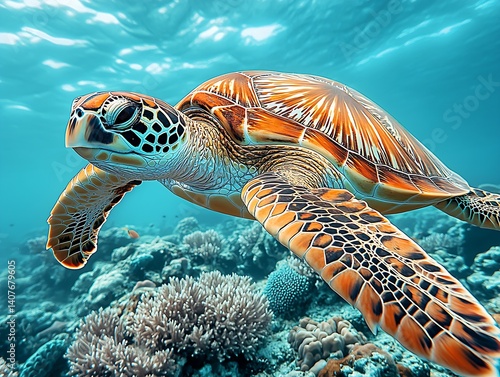 A captivating underwater image of a sea turtle peacefully navigating vibrant coral reefs : Generative AI