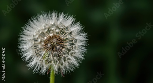 A mature dandelion seed head with pappus bristles is shown against a blurred dark green background